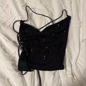 Primi Black Sequin Tie Back Top